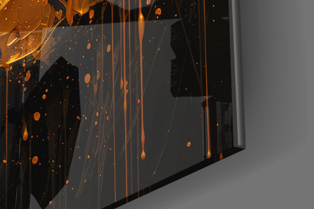 Surreal-portrait artwork anchoring a wall with gold-and-onyx palette