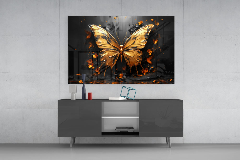 Golden Butterfly panel catching lamp light to reveal its cinematic glow