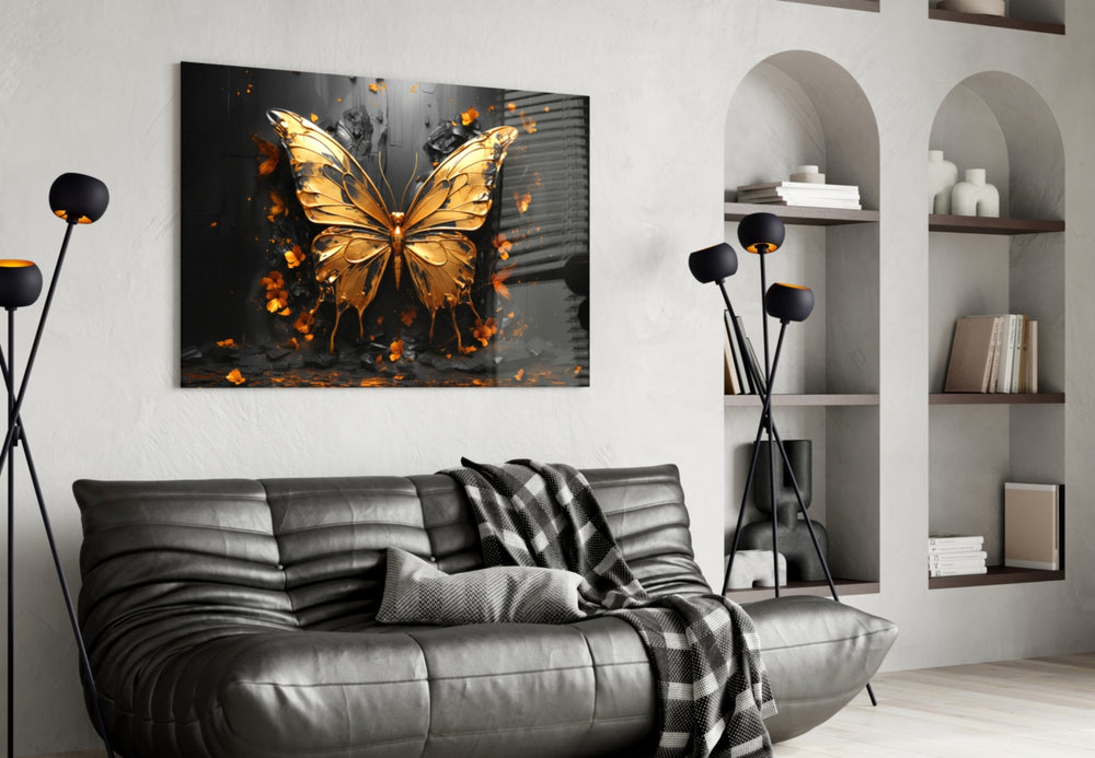 Golden Butterfly glass wall art styled above a sideboard in a hotel-style lounge