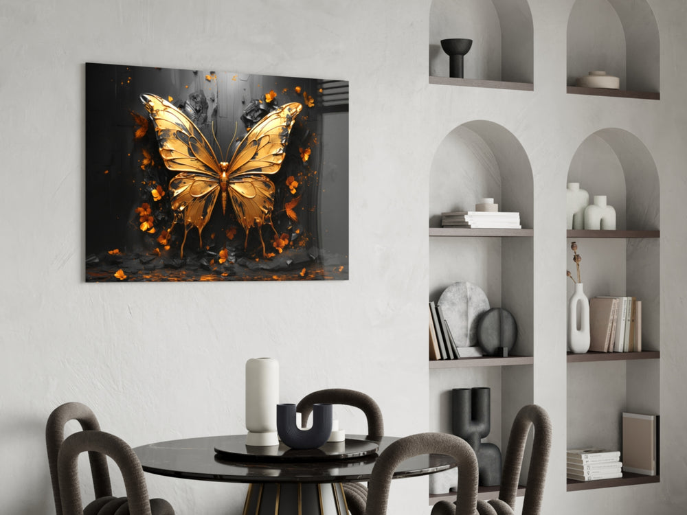 Golden Butterfly panel adding editorial drama to a hallway