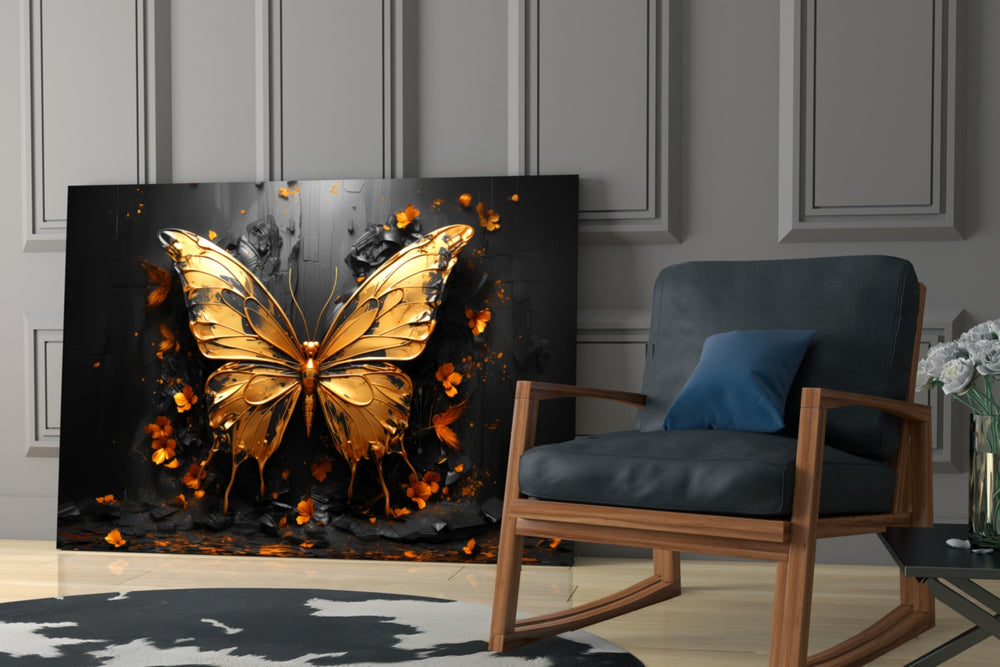 Golden Butterfly glass print enhancing a media room with statement glamour