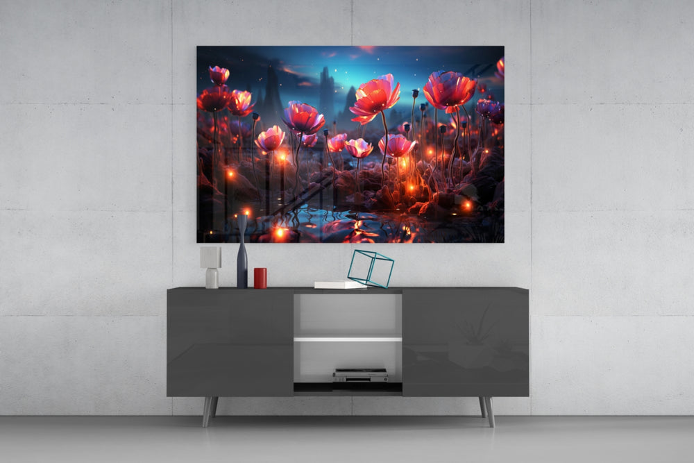 Magical Poppies panel catching lamp light to reveal its cinematic glow