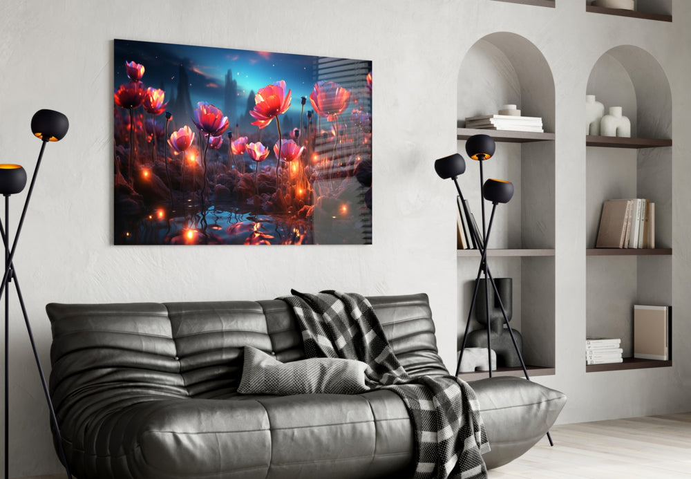 Magical Poppies glass wall art styled above a headboard in a bedroom