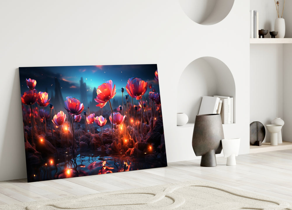 Magical Poppies close-up showing glowing blooms and castle silhouettes