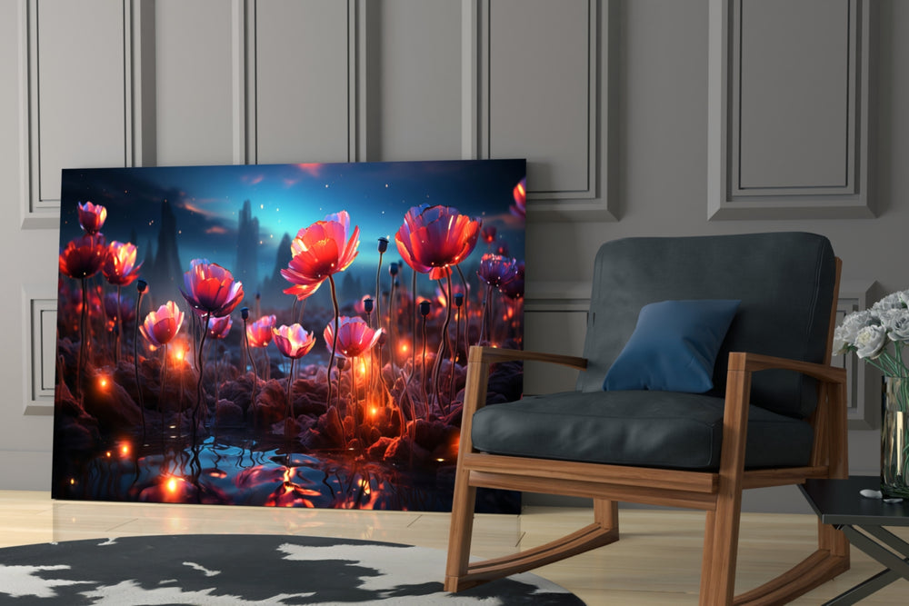 Magical Poppies glass print enhancing a den with statement calm