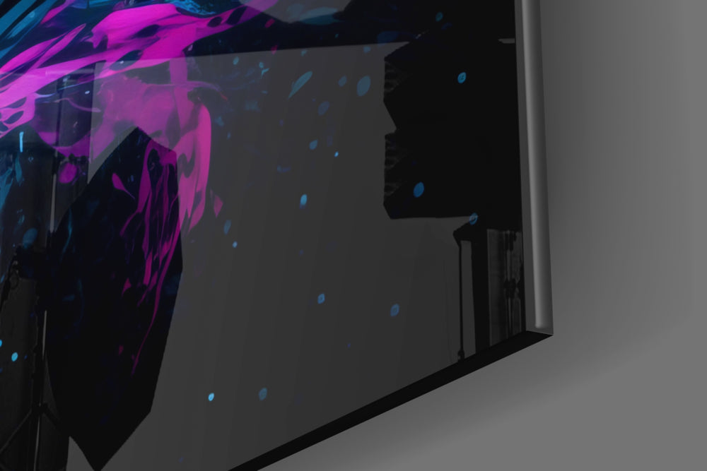 Cosmic-burst artwork anchoring a wall with scarlet-and-cyan palette