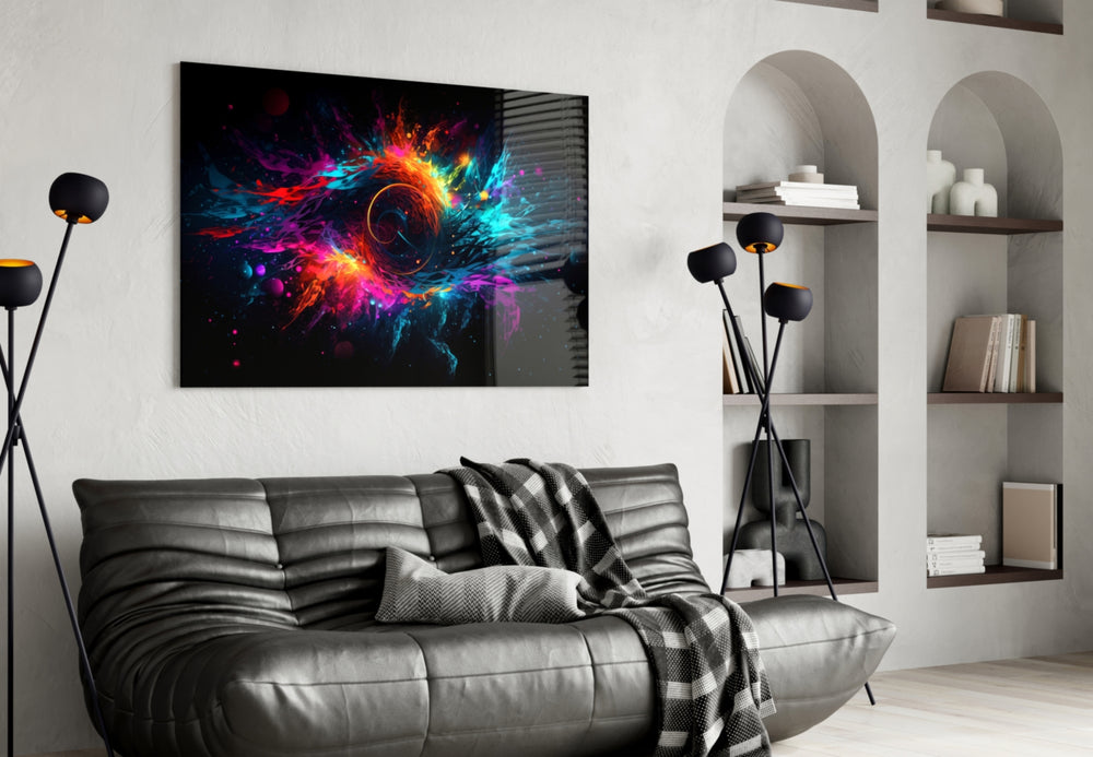 Colorful Hole glass wall art styled above a sideboard in a media room