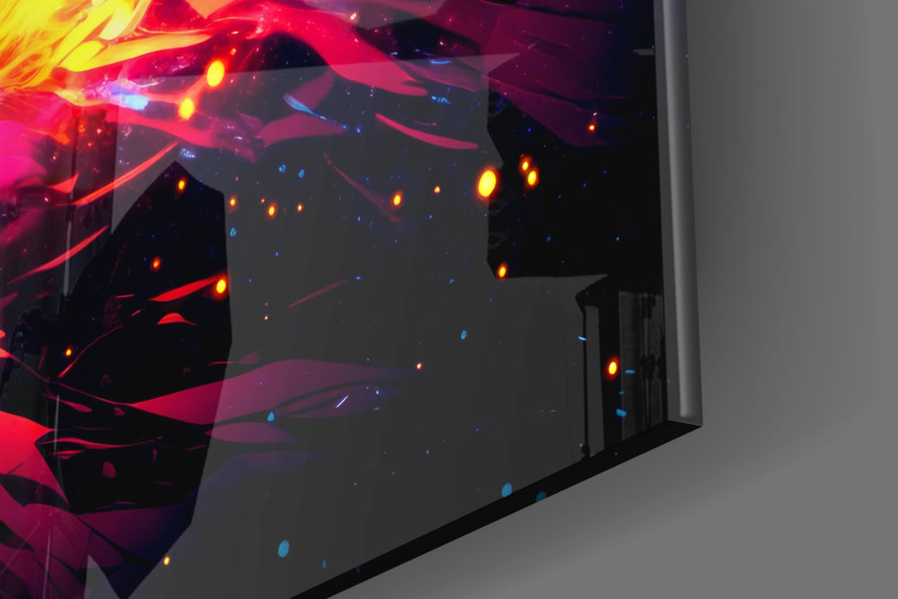 Cosmic-burst artwork anchoring a wall with cyan-and-magenta palette