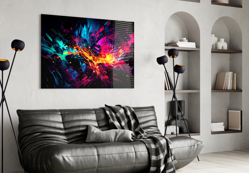 Color Bang glass wall art styled above a sideboard in a media room