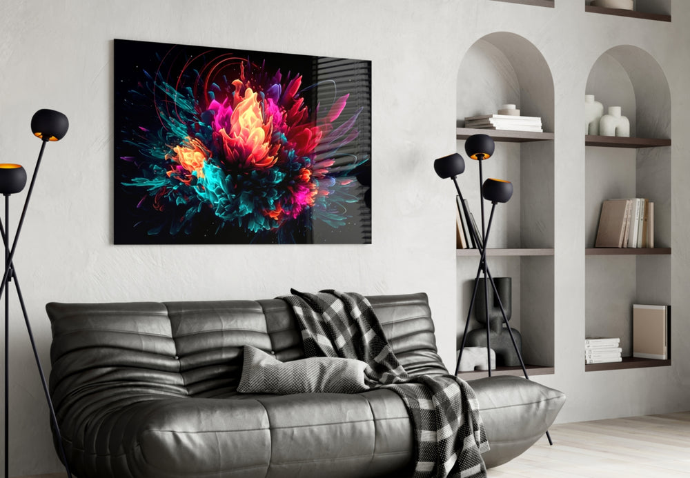 Color Explosion glass wall art styled above a sideboard in a media room