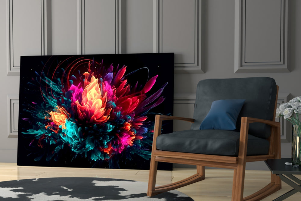 Color Explosion glass print enhancing a den with statement firepower