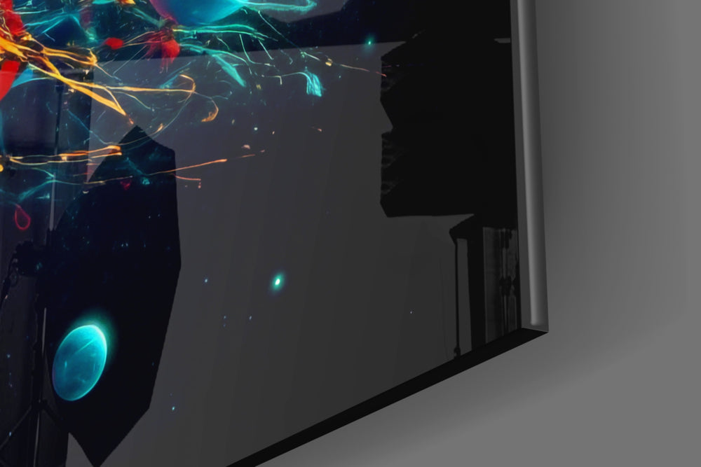 Galactic-explosion artwork anchoring a wall with galactic-spectrum palette