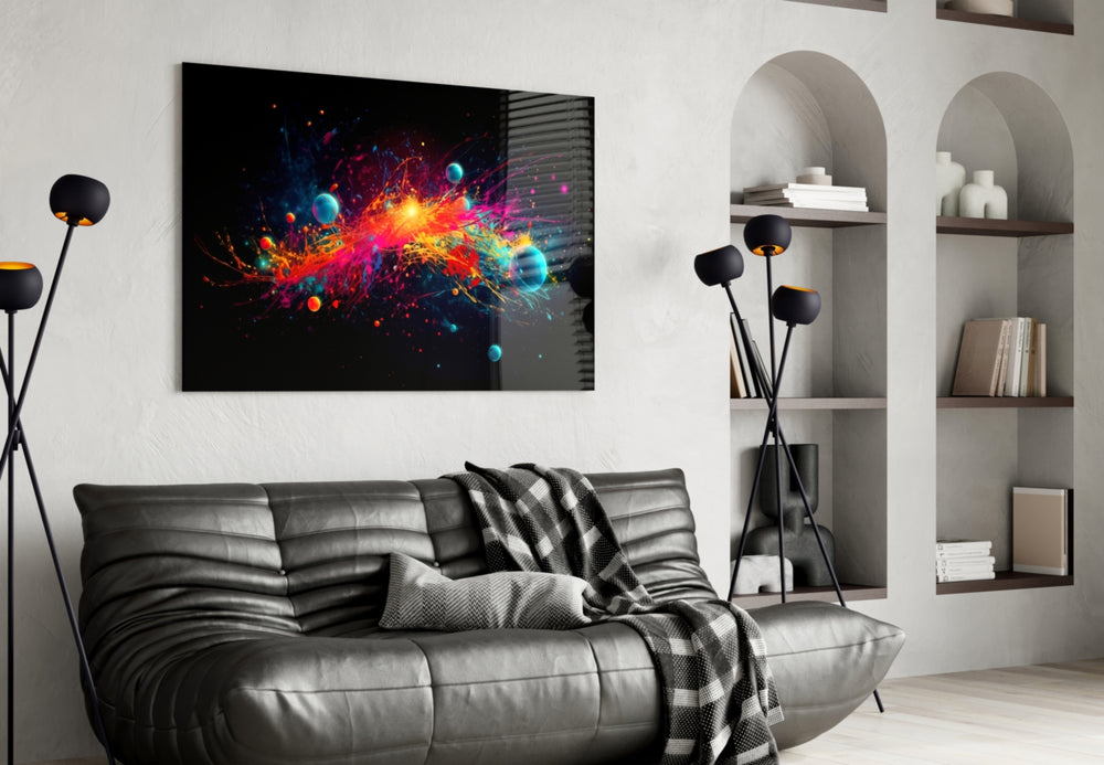 Colors of Space glass wall art styled above a sideboard in a media room