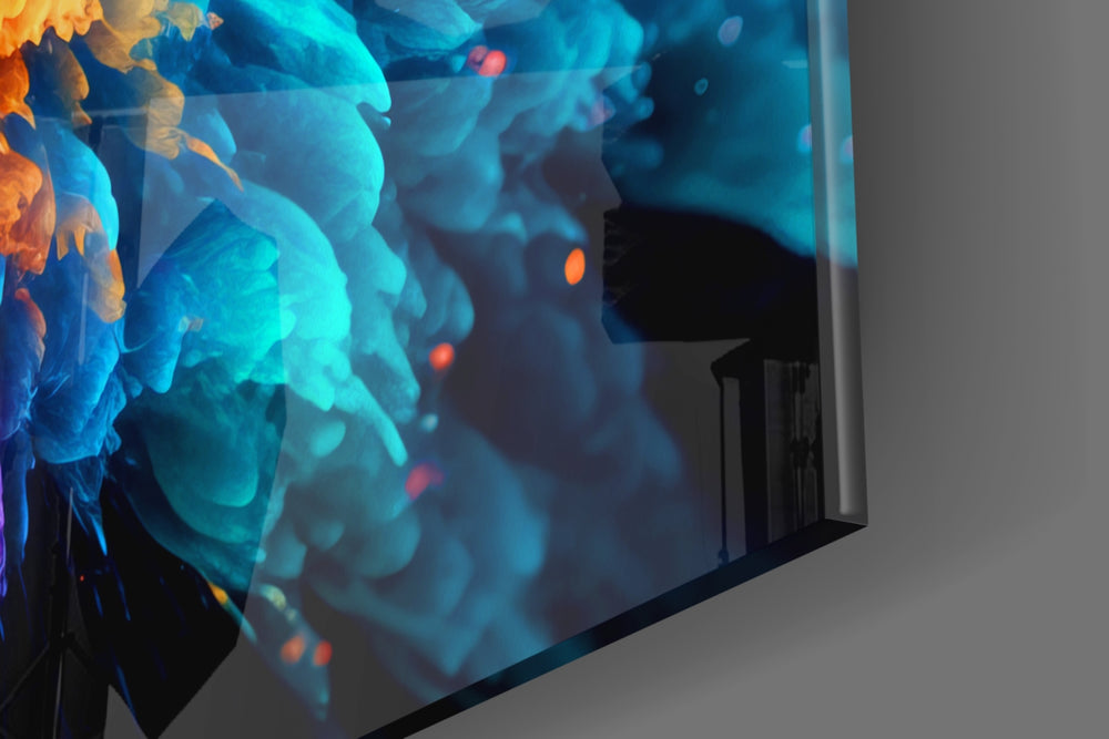 Abstract-bloom artwork anchoring a wall with cyan-and-tangerine palette