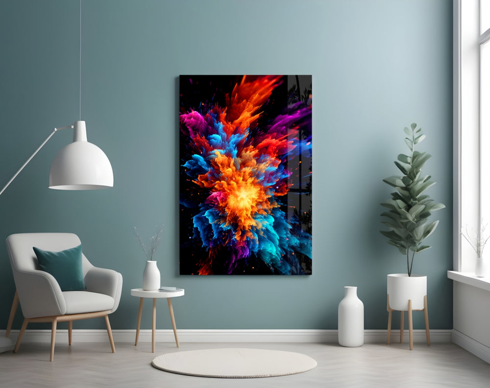 Color Flower glass wall art styled above a sideboard in a media room