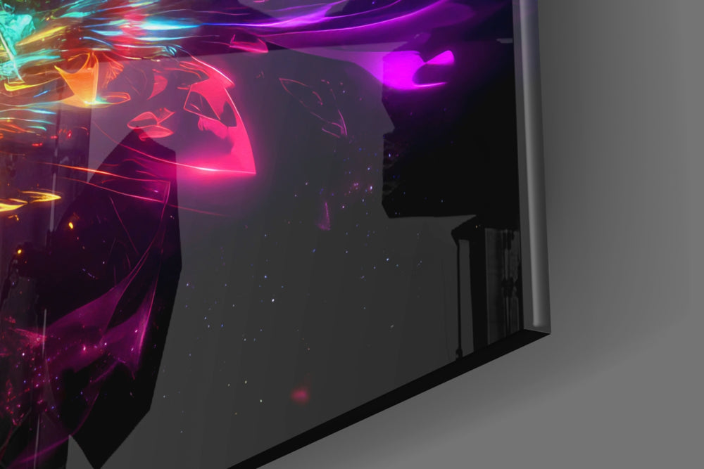 Cosmic-burst artwork anchoring a wall with cyan-and-magenta palette