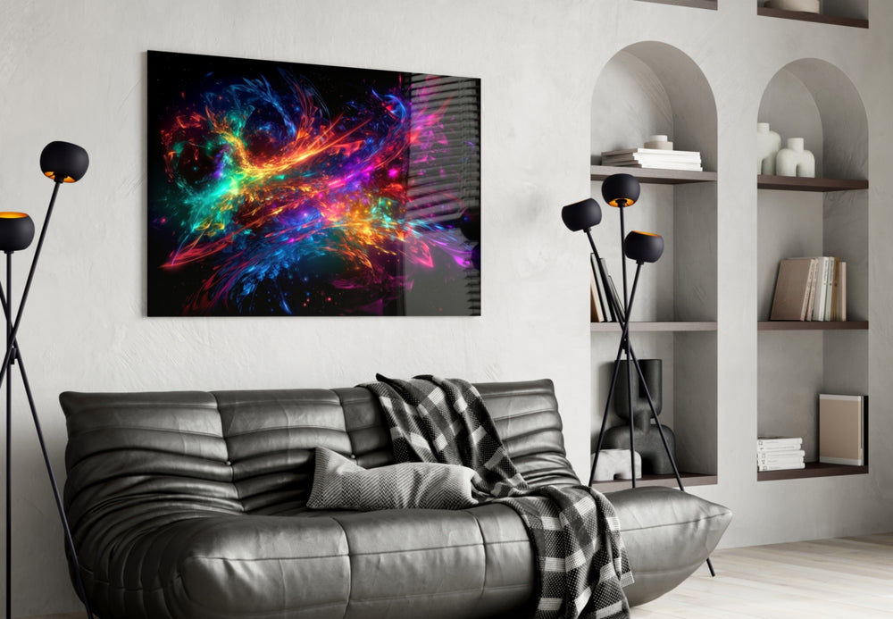 Colors of Space glass wall art styled above a sideboard in a media room