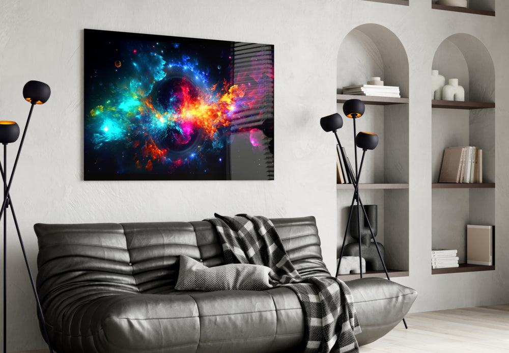 Colors of Space glass wall art styled above a sideboard in a media room
