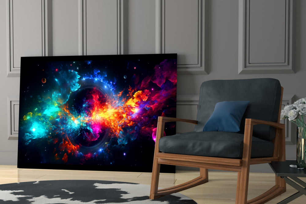 Colors of Space glass print enhancing a den with statement firepower