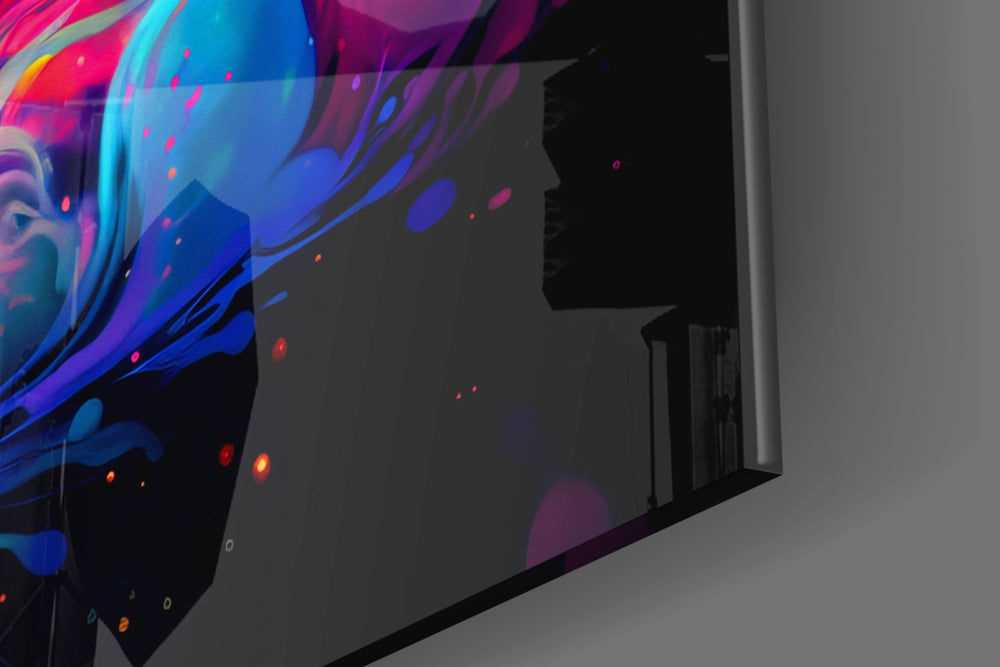 Cosmic-burst artwork anchoring a wall with cyan-and-magenta palette