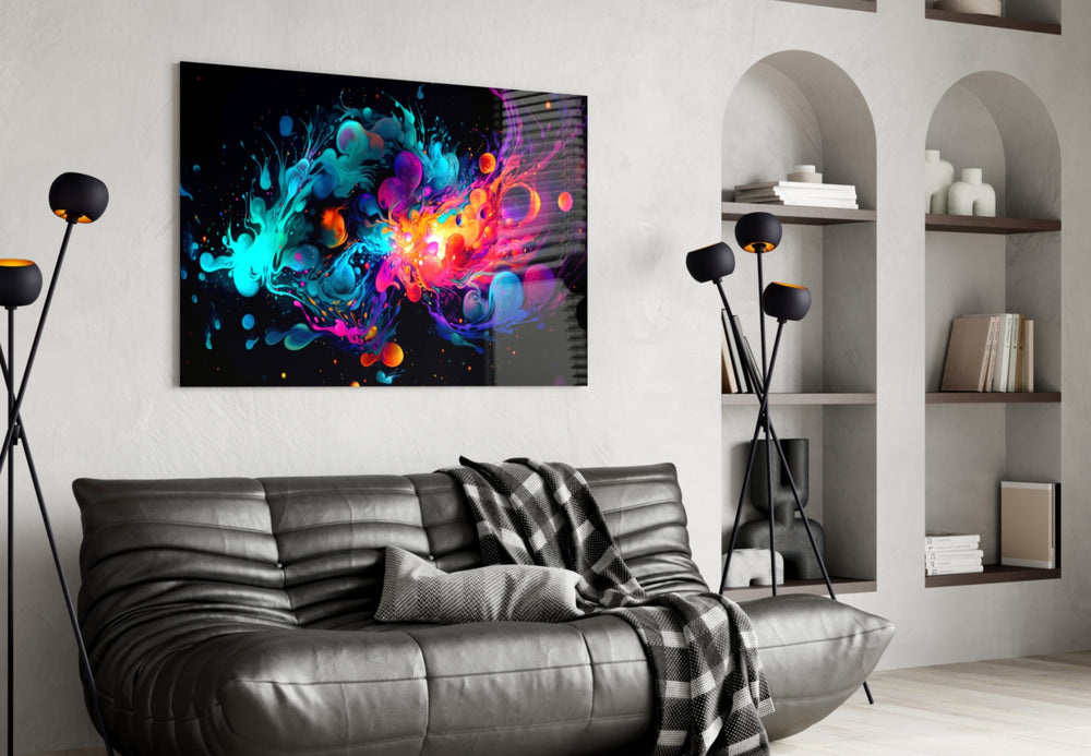 Colors of Space glass wall art styled above a sideboard in a media room