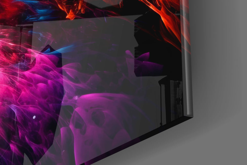 Cosmic-burst artwork anchoring a wall with tangerine-and-magenta palette