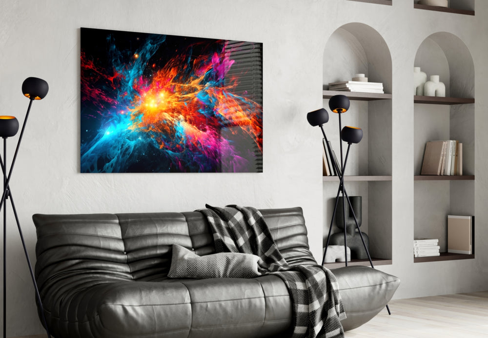 Colors of Space glass wall art styled above a sideboard in a media room