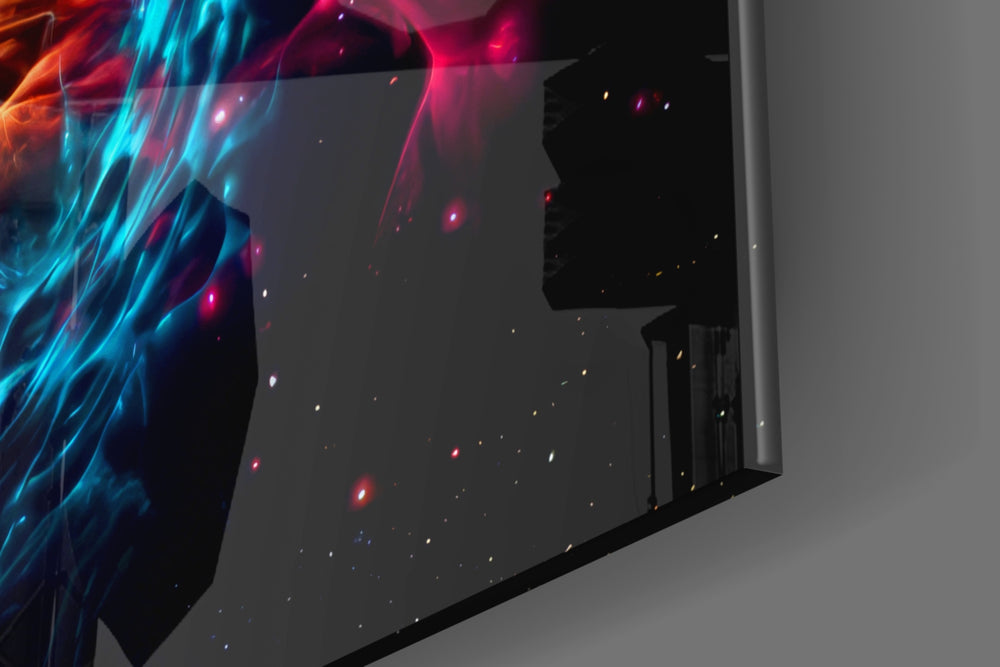 Elemental-tribute artwork anchoring a wall with cyan-and-scarlet palette