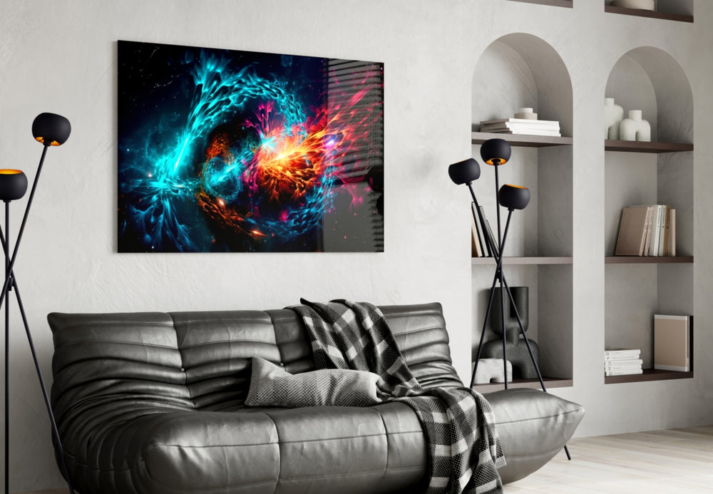Designer's Collection glass wall art styled above a sideboard in a media room