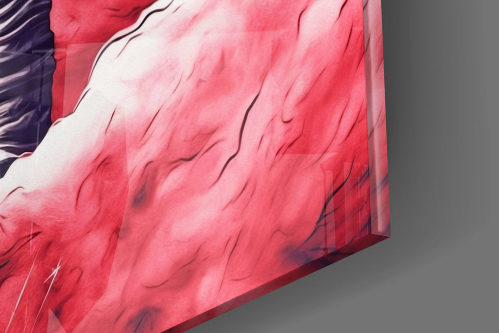 Sci-fi-explorer artwork anchoring a wall with scarlet-and-coral palette