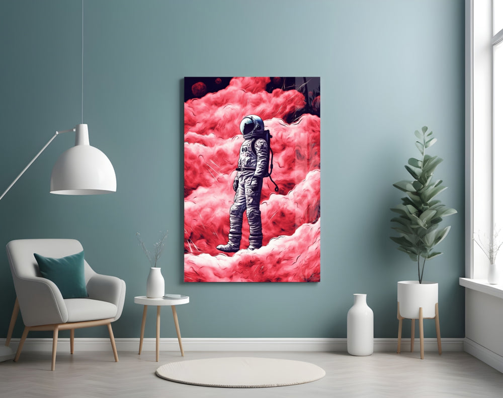 Astronaut on a Pinky Planet glass wall art styled above a sideboard in a creative office