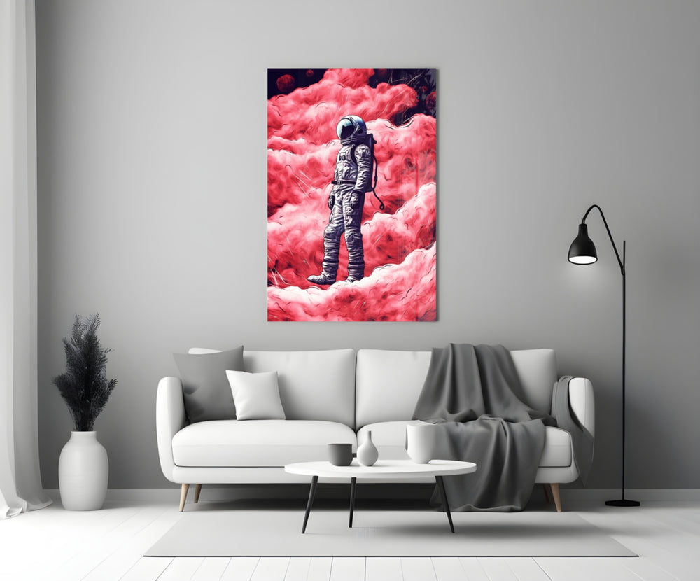 Astronaut on a Pinky Planet close-up showing scarlet cloud landscape