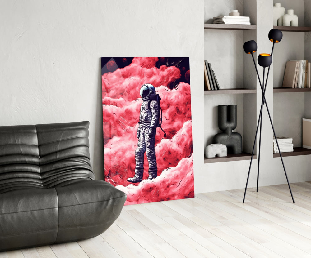 Astronaut on a Pinky Planet panel adding editorial drama to a hallway