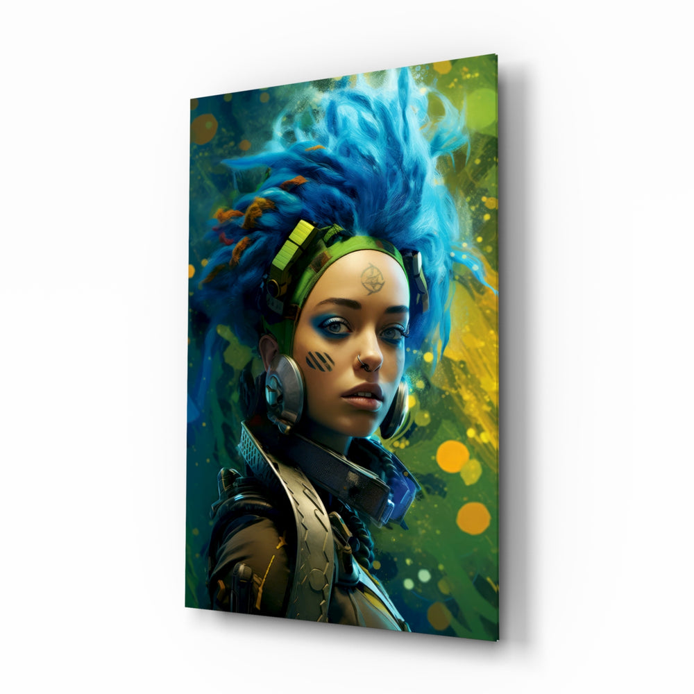 Cyberpunk glass wall art displayed above a desk in a teen room
