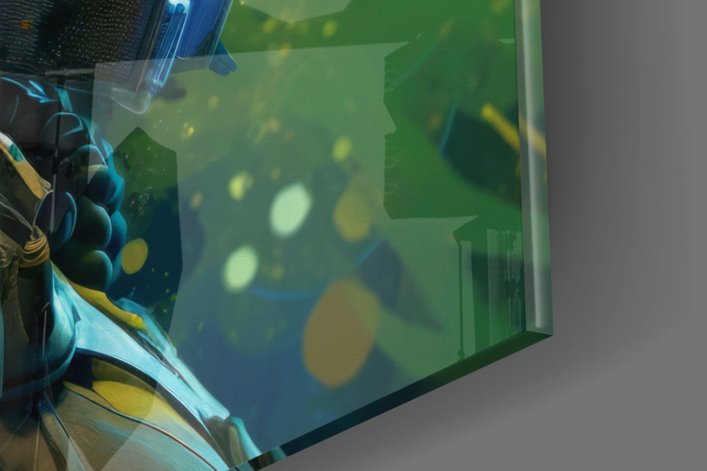 Sci-fi-warrior artwork anchoring a wall with electric-blue-and-chartreuse palette