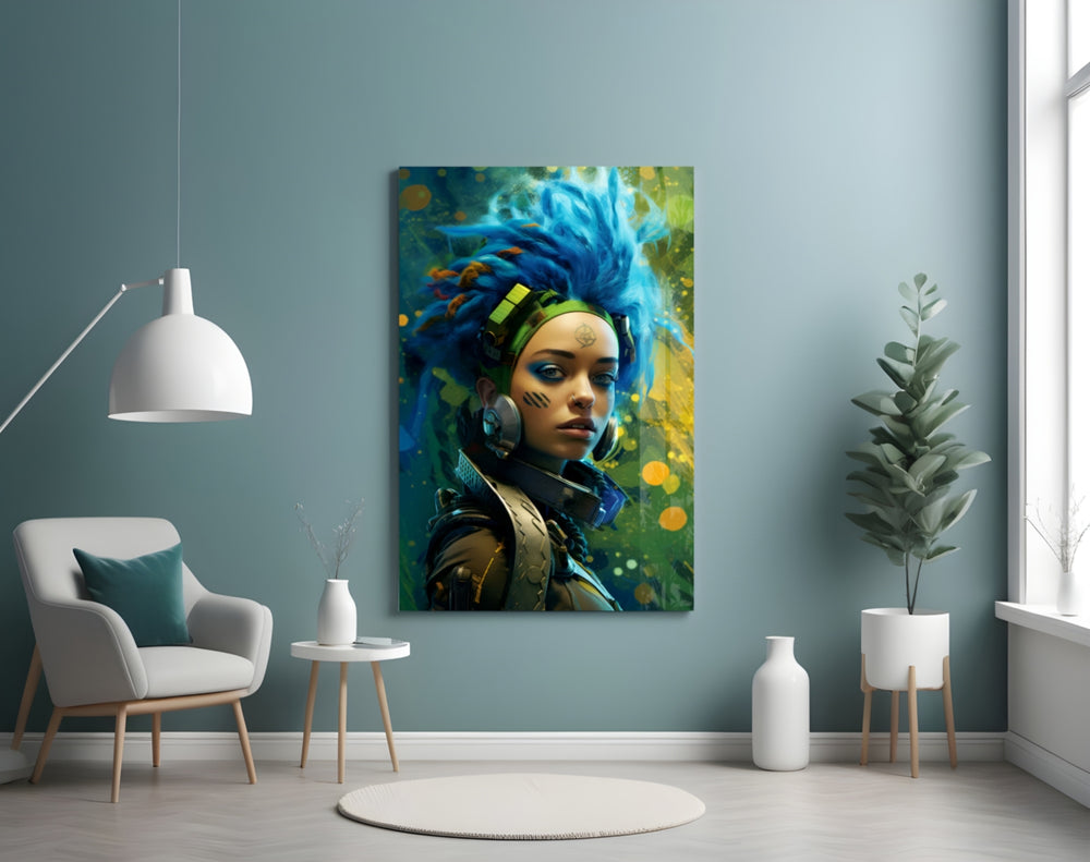 Cyberpunk glass wall art styled above a sideboard in a creative office