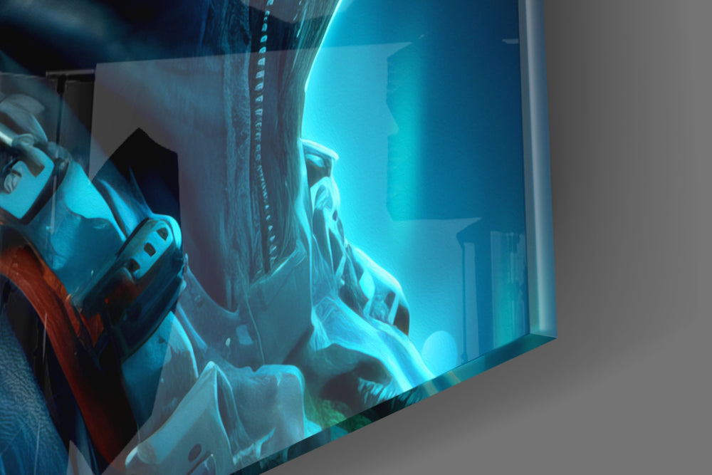 Sci-fi-warrior artwork anchoring a wall with sky-blue-and-emerald palette