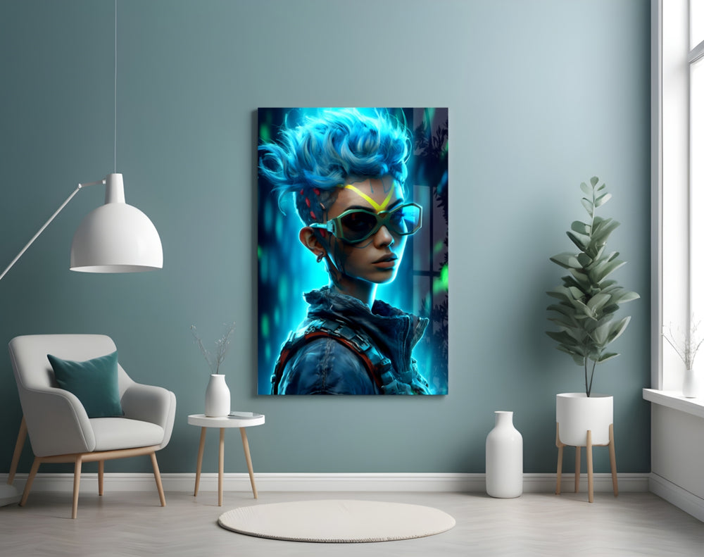 Cyberpunk glass wall art styled above a sideboard in a creative office