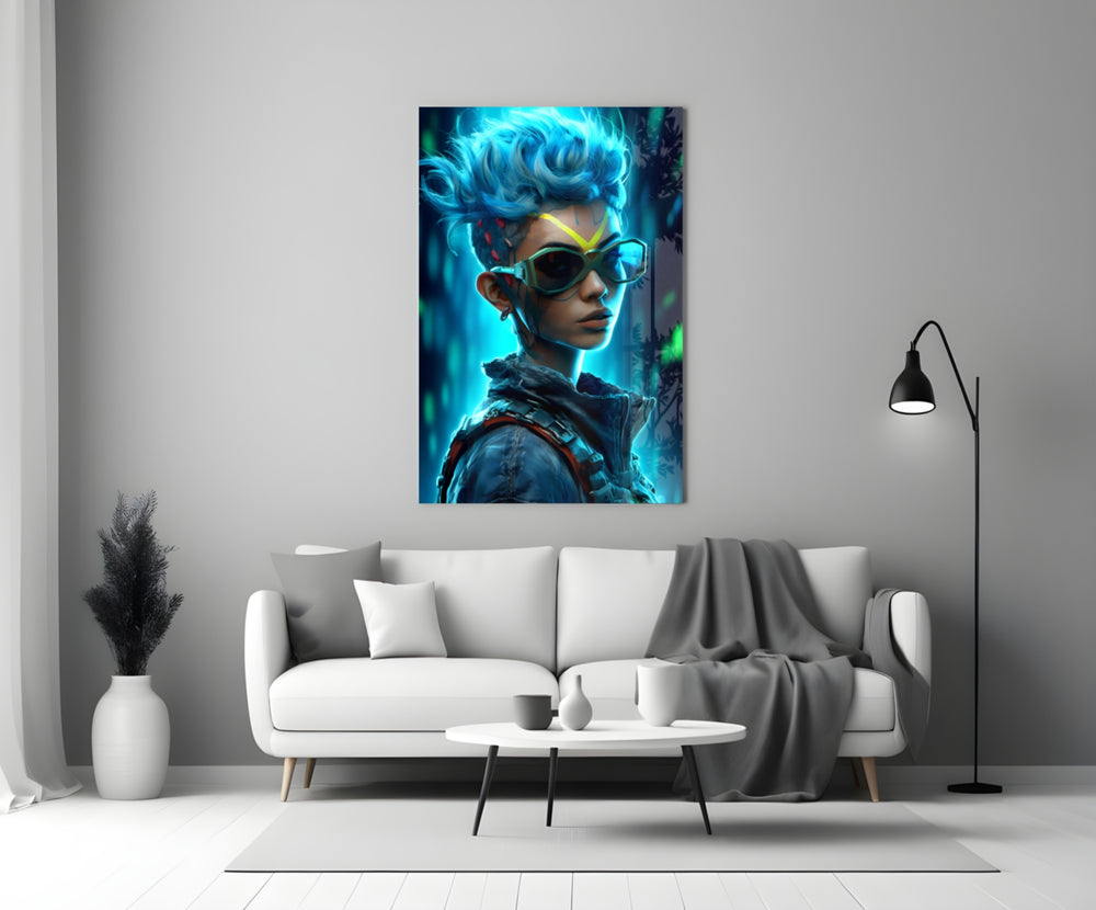 Cyberpunk close-up showing sky-blue curls and shield sunglasses
