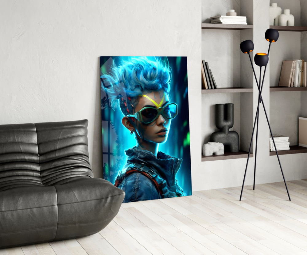 Cyberpunk panel adding editorial drama to a hallway