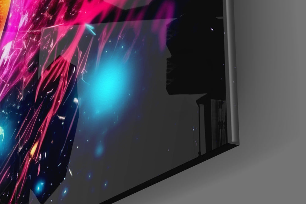 Cosmic-sphere artwork anchoring a wall with cyan-and-magenta palette