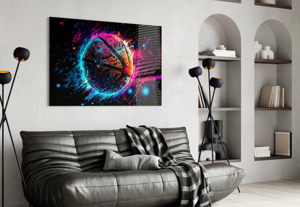 Fireball glass wall art styled above a sideboard in a media room