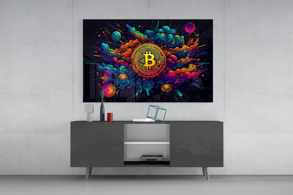 Bitcoin panel catching lamp light to reveal its cinematic glow