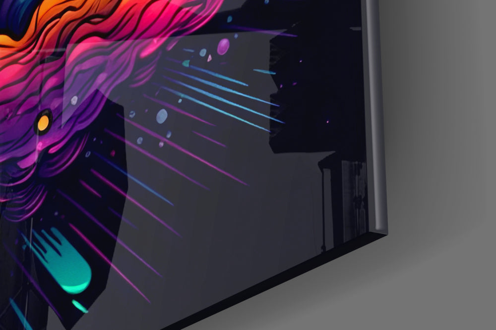 Crypto-symbol artwork anchoring a wall with gold-and-spectrum palette