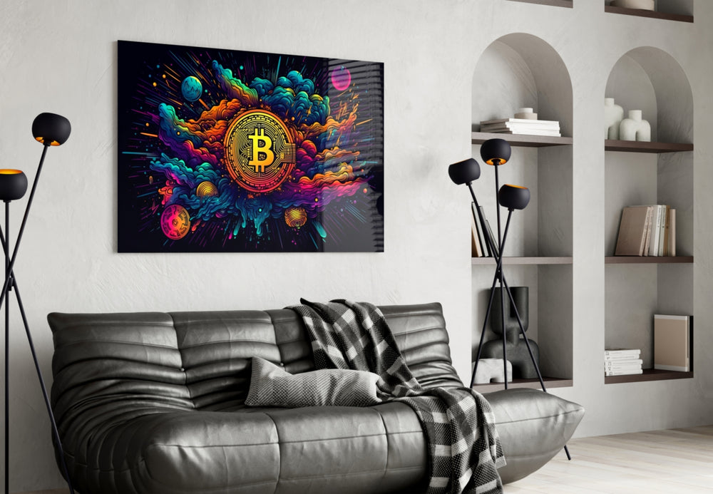 Bitcoin glass wall art styled above a sideboard in a media room