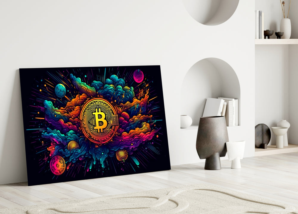 Bitcoin close-up showing gold coin and cloud bursts