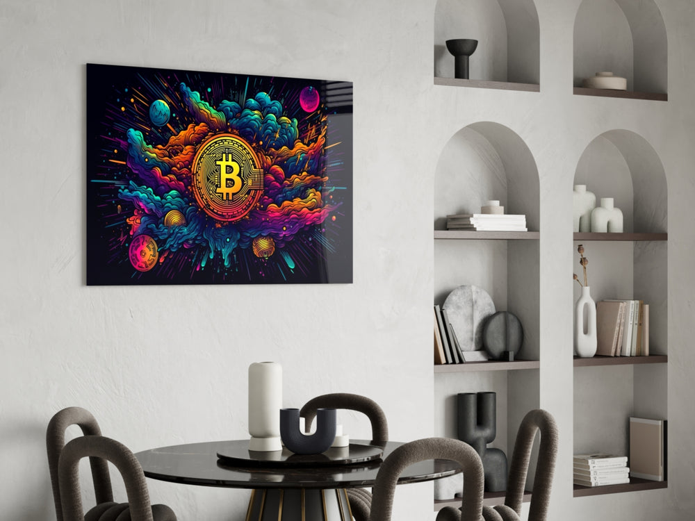 Bitcoin panel adding editorial drama to a hallway