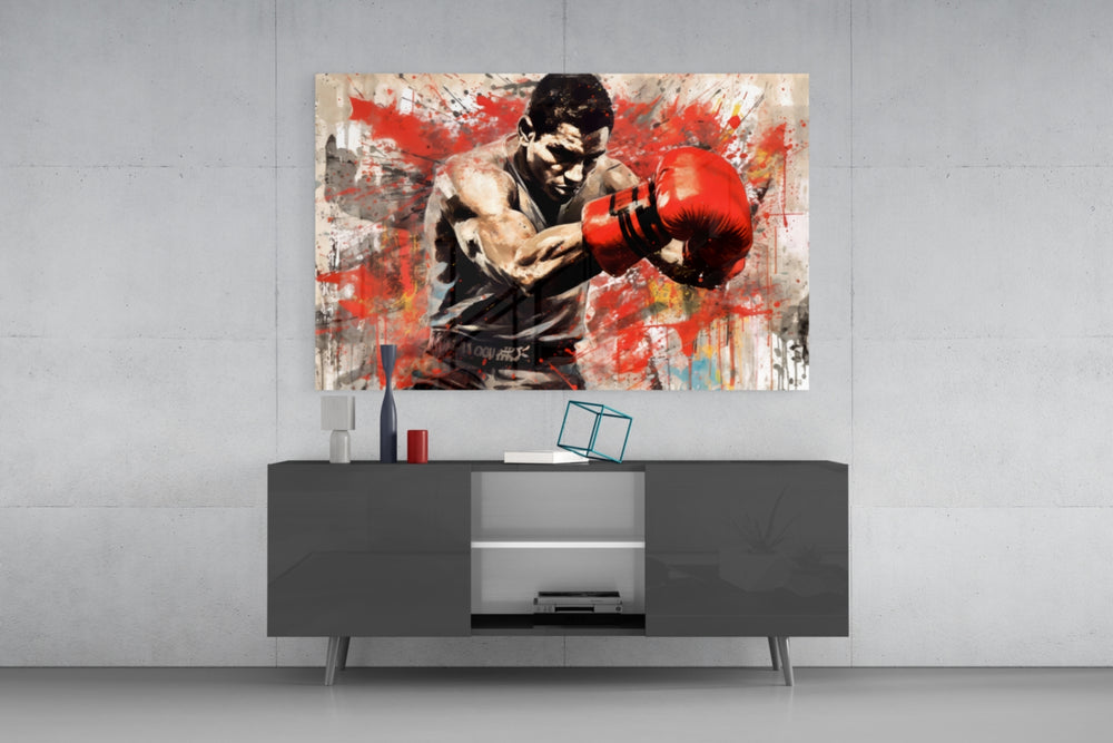 Boxing panel catching lamp light to reveal its painterly grit