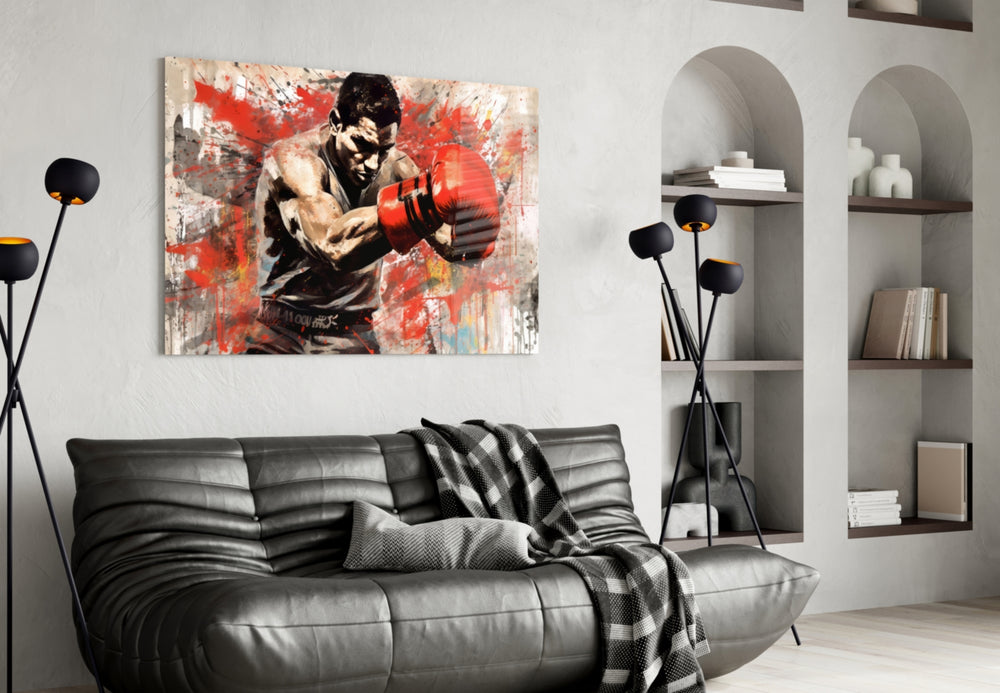 Boxing glass wall art styled above a sideboard in a media room