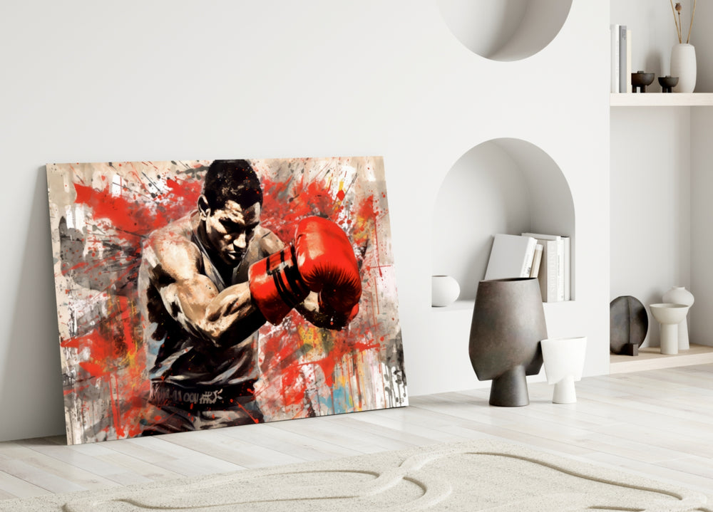 Boxing close-up showing scarlet glove and impact splatter